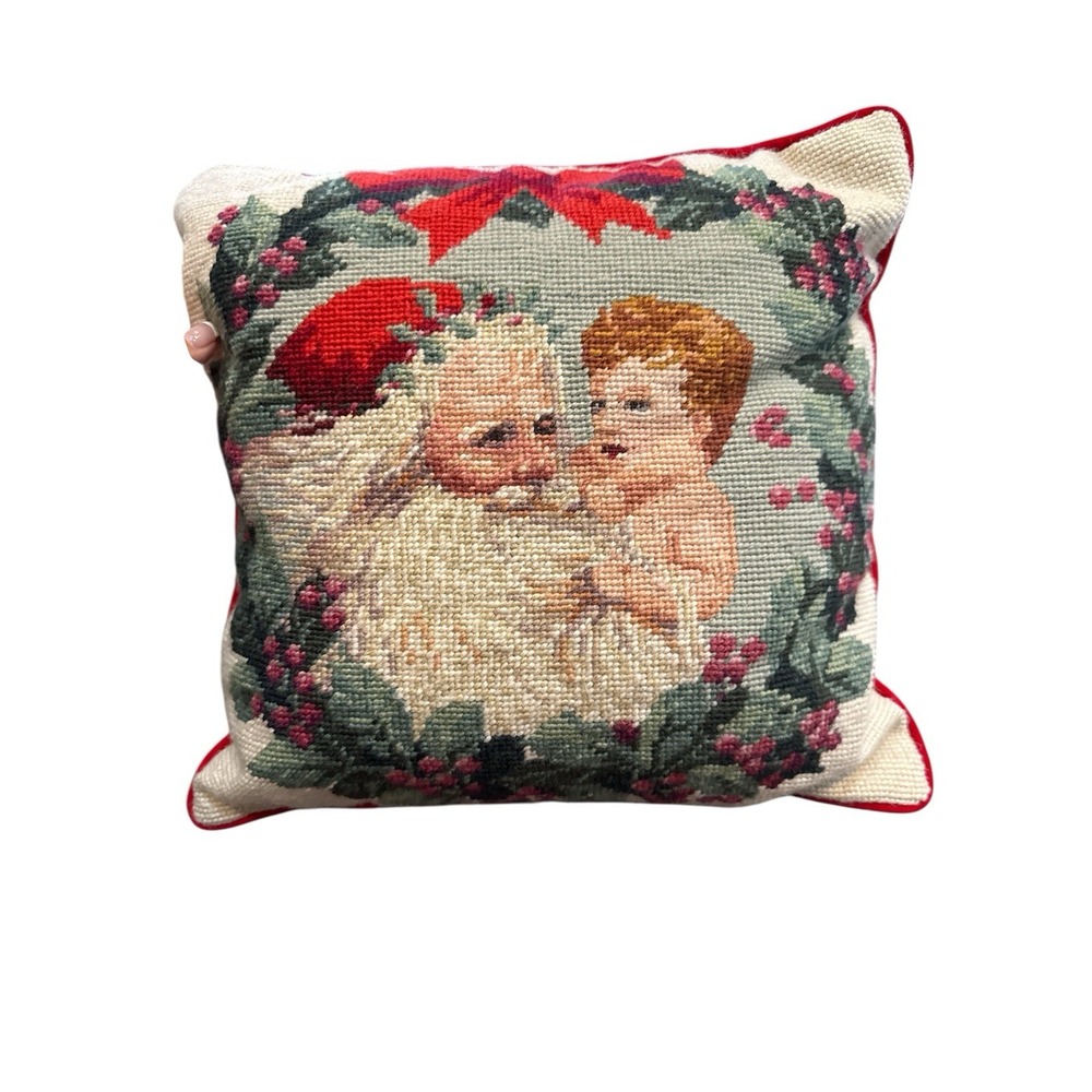 Vintage Christmas Needlepoint‎ Santa Angel Accent Pillow Imperial Elegance 12X12